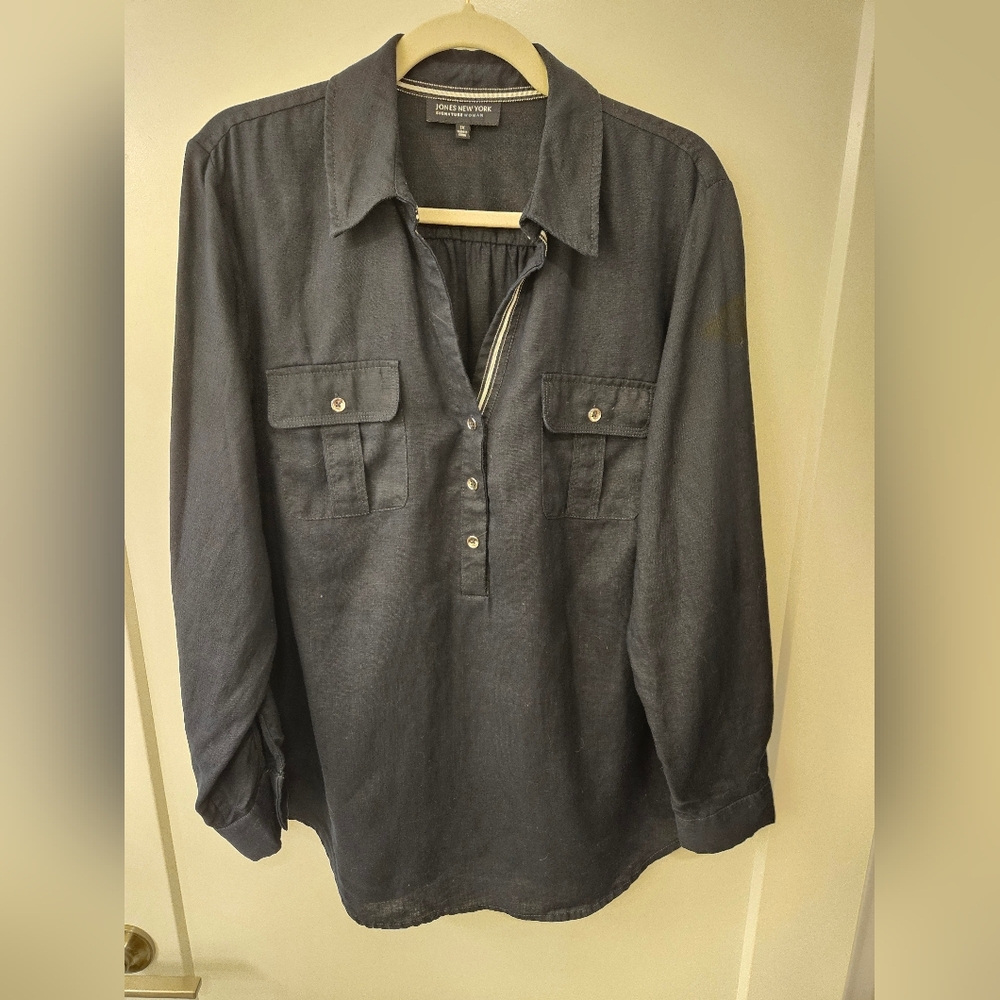 NWOT - Linen Jones New York Navy Blouse w Roll-Up Sleeves - Size 1X